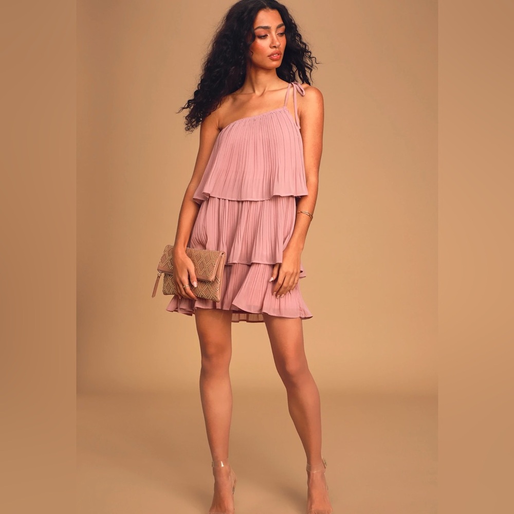 NWT Lulus Blowing Kisses Dusty Pink Pleated One-Shoulder Mini Dress LG Coquette